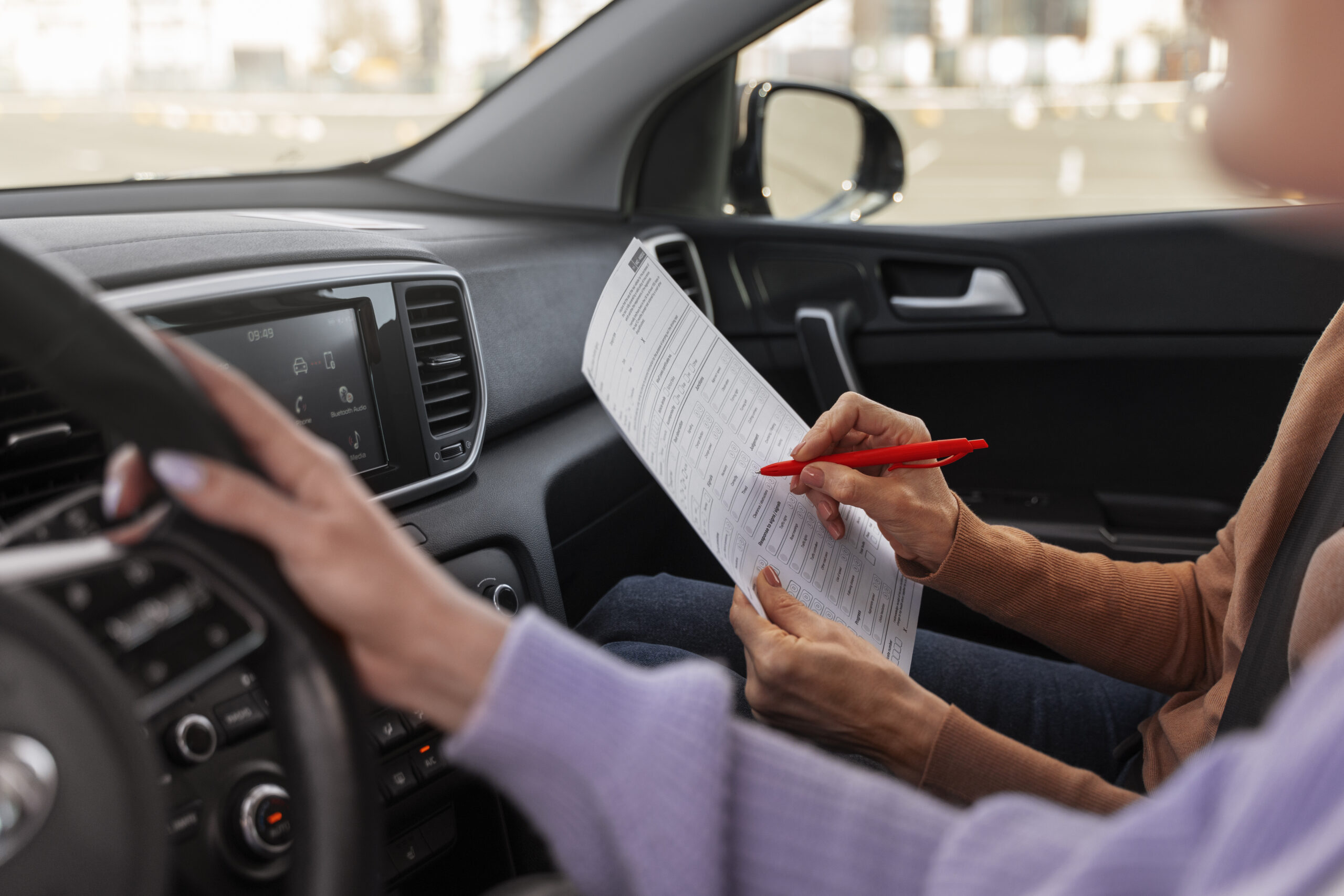mujer-tomando-su-prueba-de-licencia-de-conducir-en-vehiculo